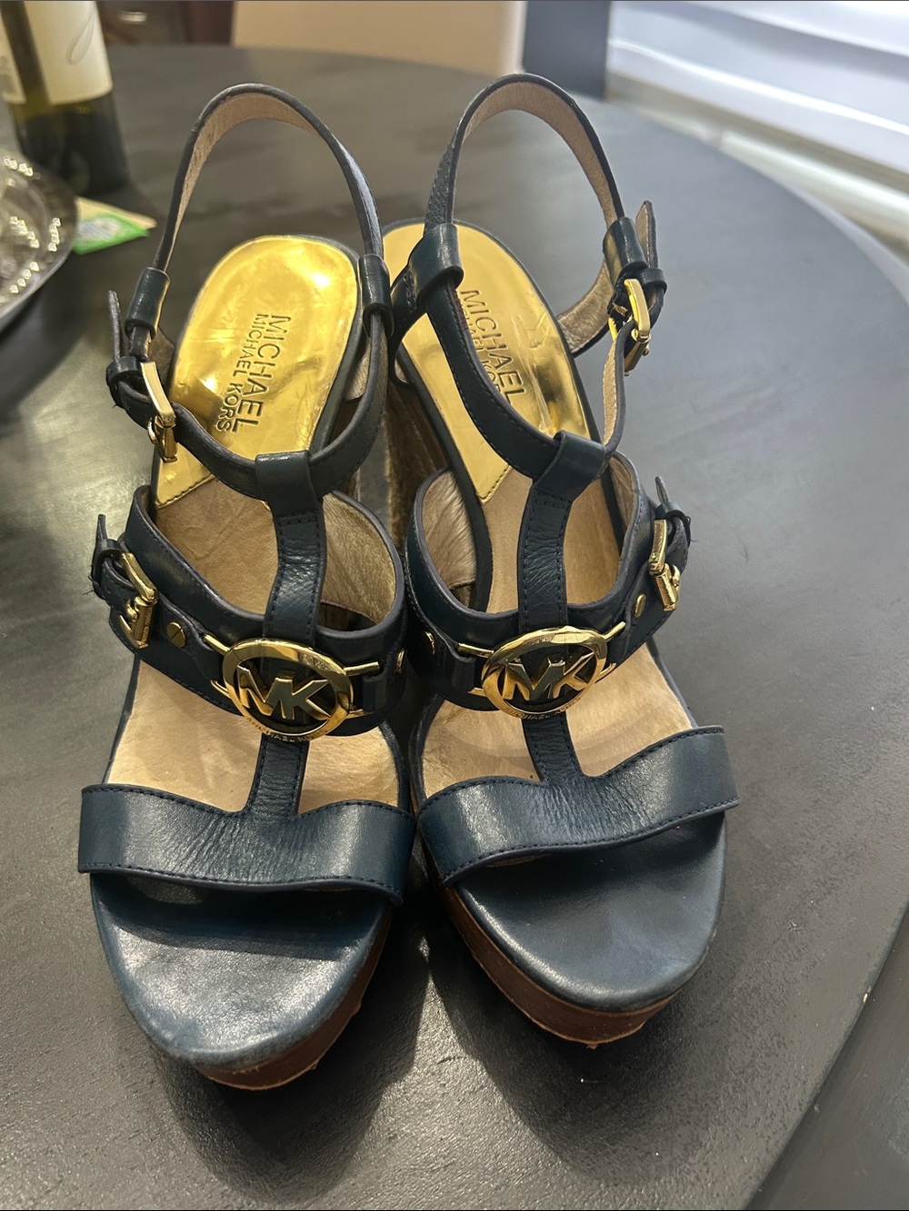 Michael Kors Navy Leather MK Logo Wedge Sandals with Gold Accents